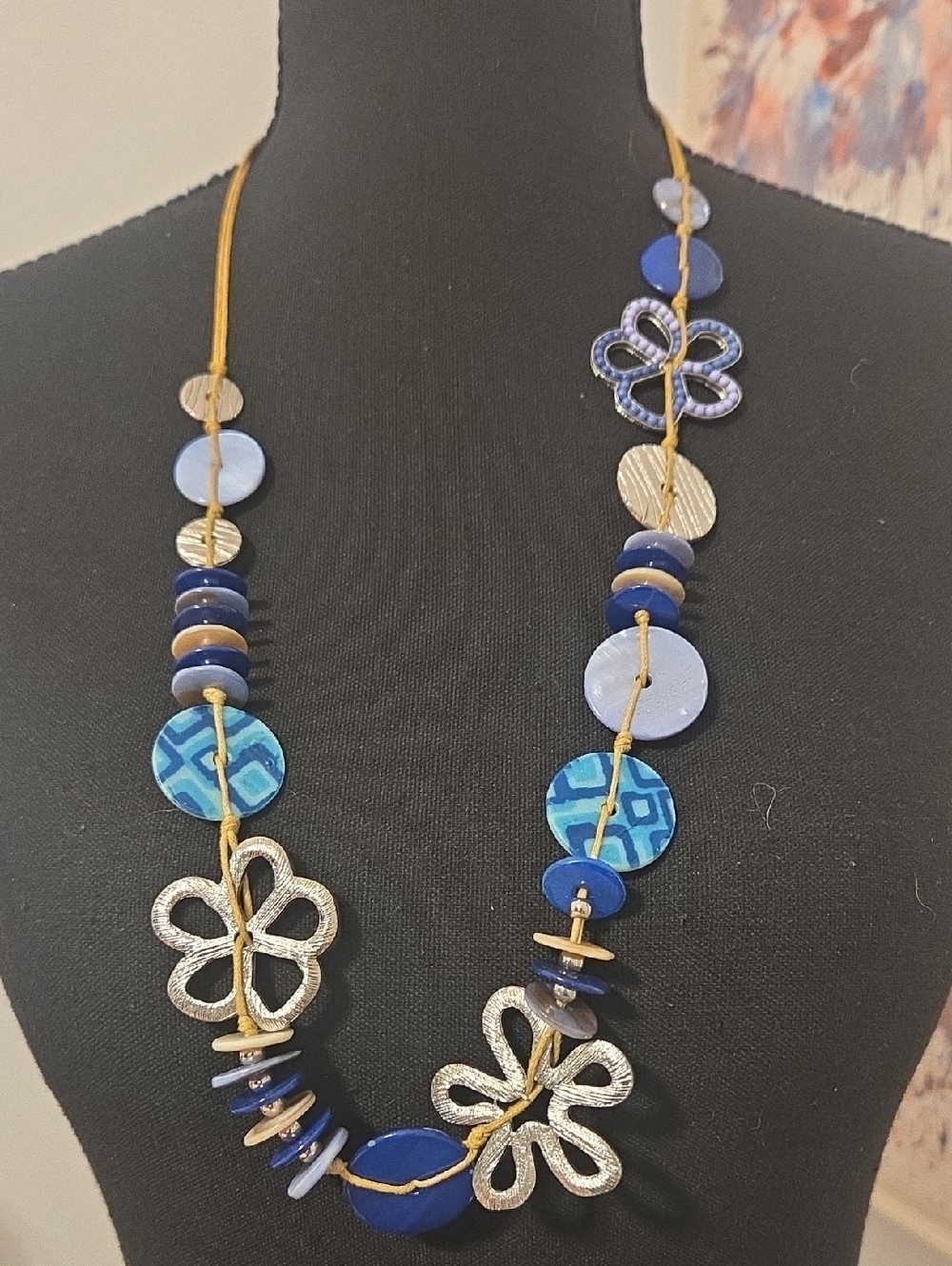 Gold & Blue Floral Disc Necklace - Women Jewelry